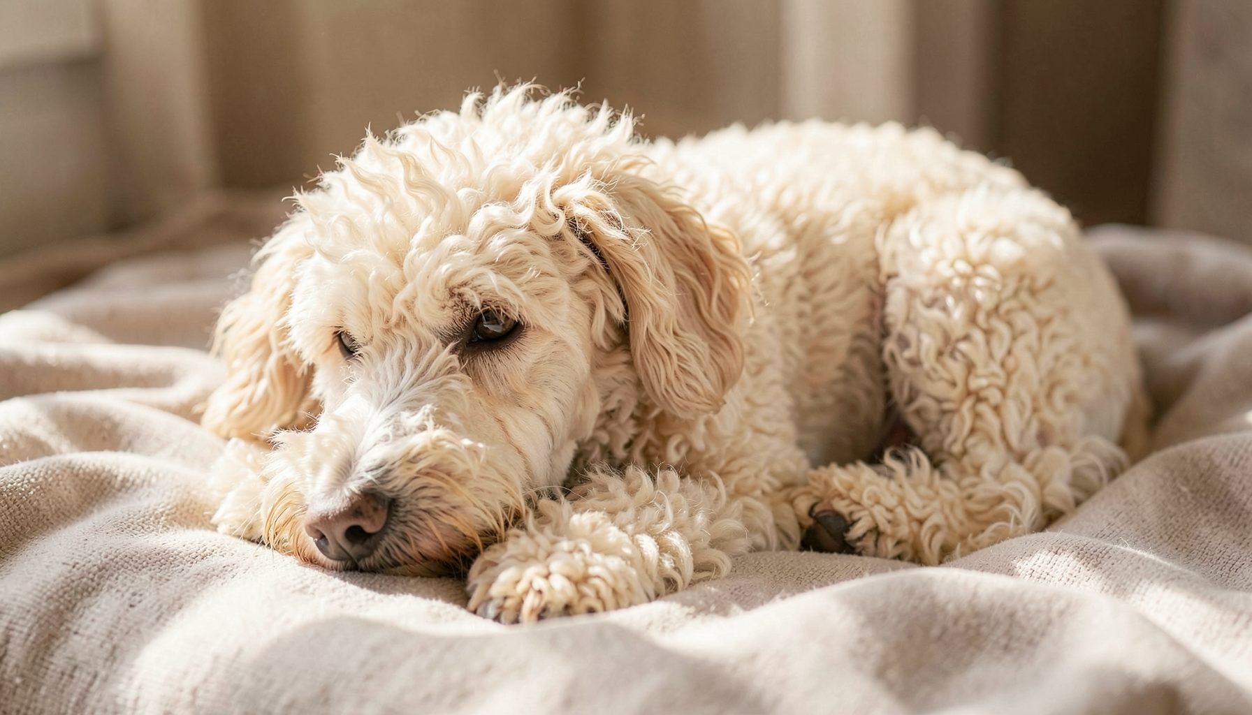 A calm cream-colored curly-coated dog resting on a soft neutral blanket in warm natural light