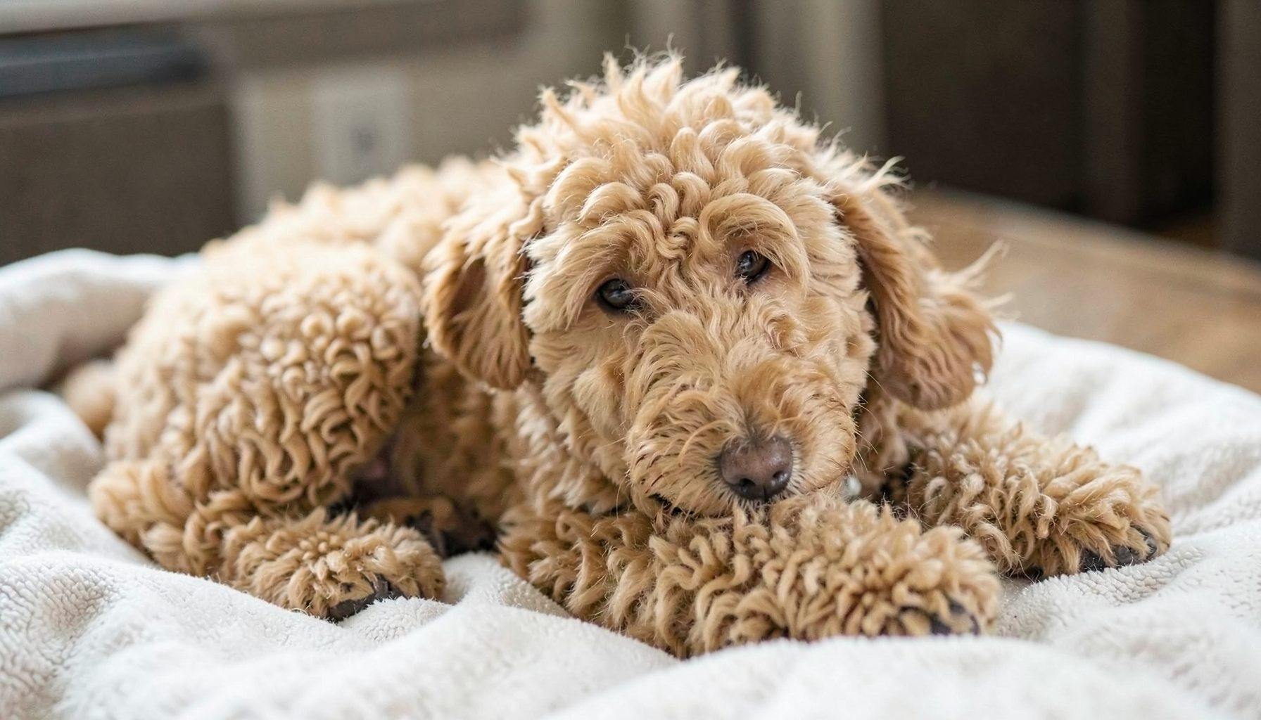 A calm golden-toned Doodle dog resting on a blanket indoors, with a soft, hypoallergenic-looking curly coat