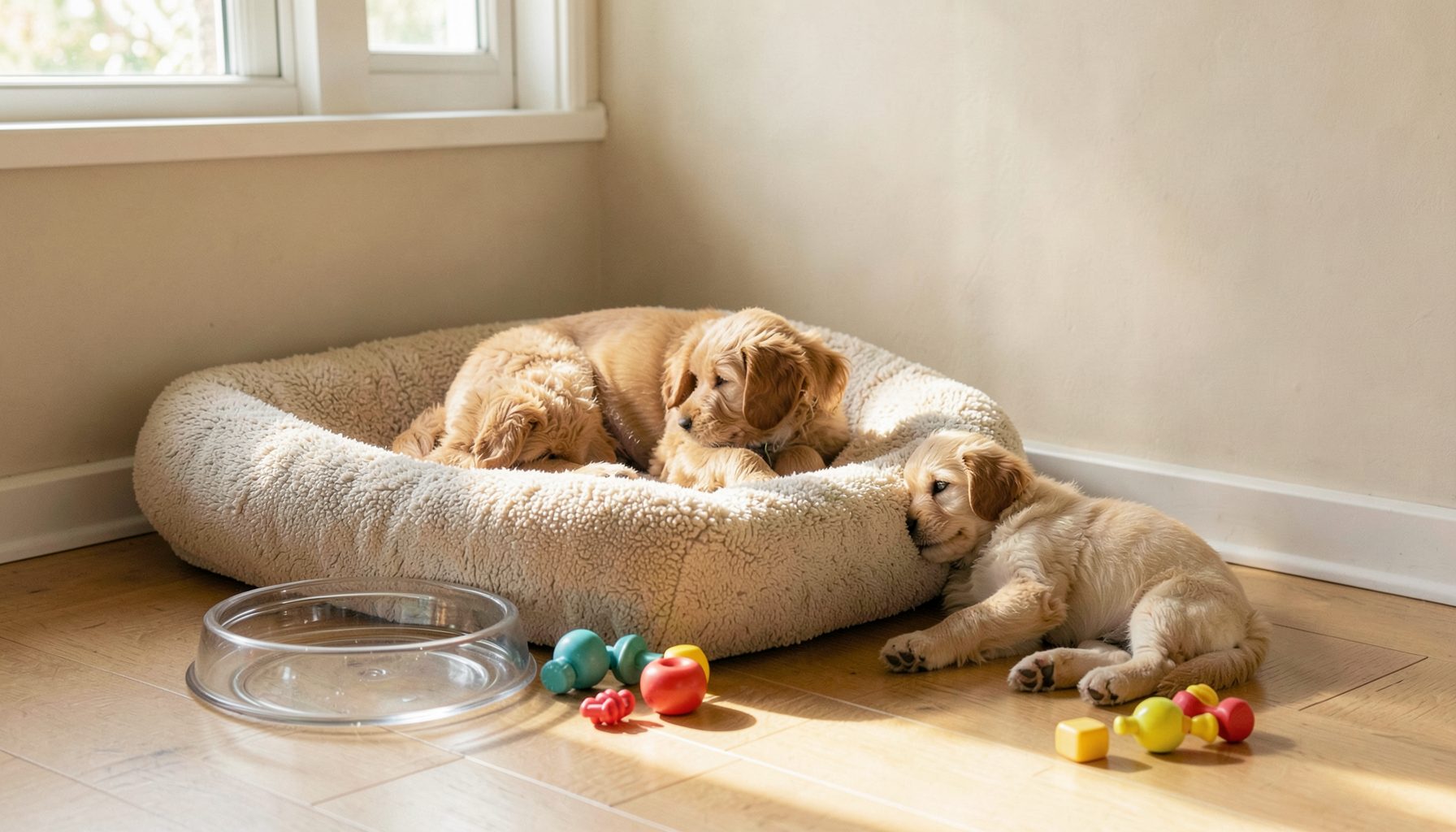 A cozy living-room corner with a soft dog bed, a water bowl, and a few puppy toys arranged on a light wooden floor, bathed in warm natural daylight