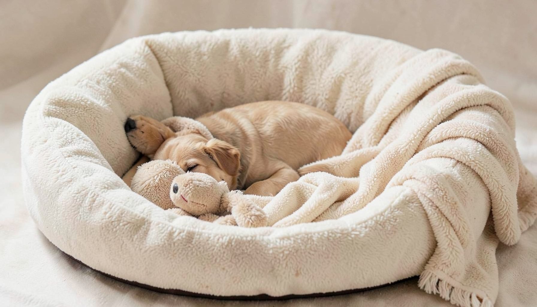 A cozy puppy bed with a chew toy and blanket in soft beige and cream tones
