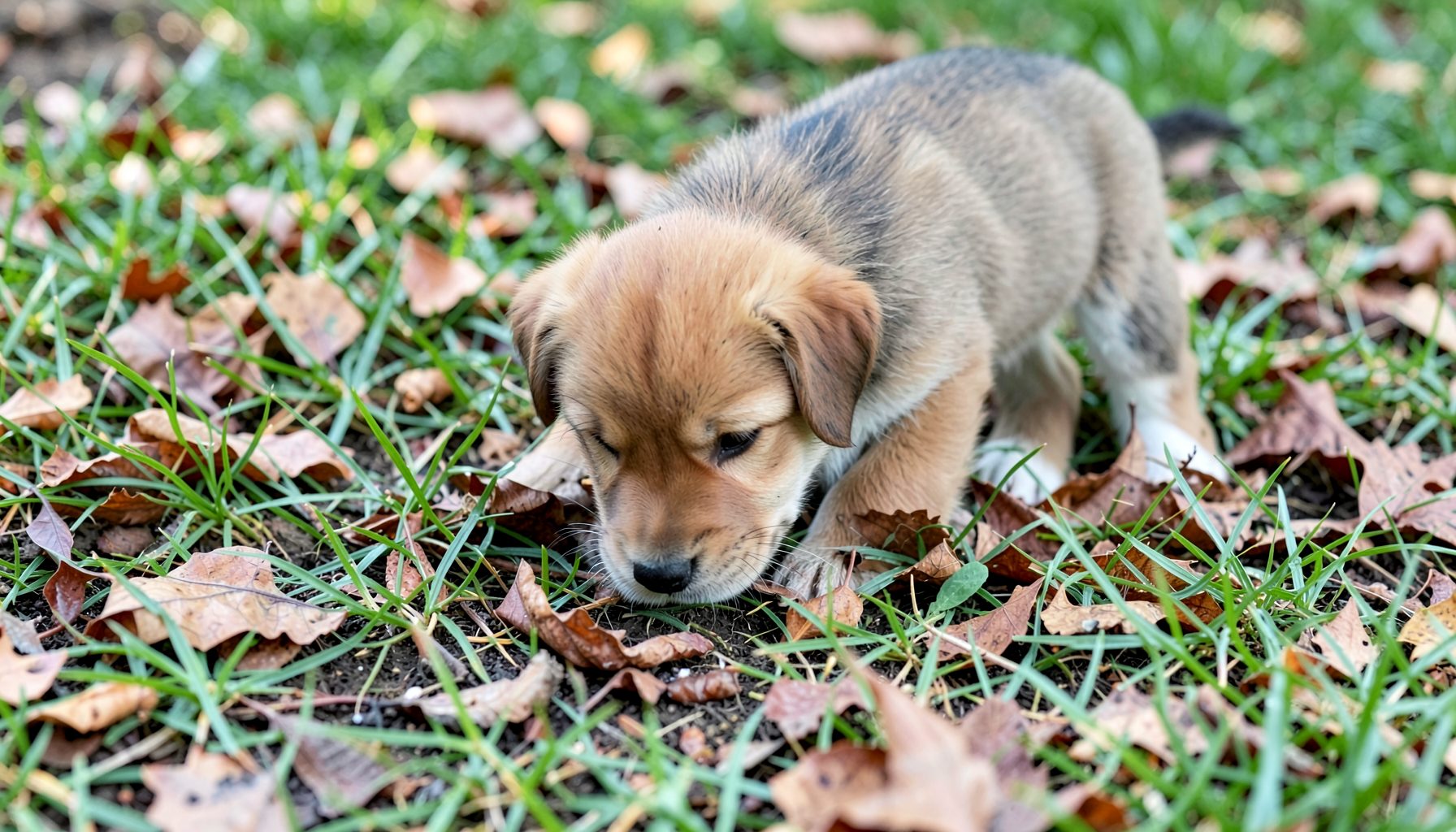 A curious puppy sniffing the ground outdoors, surrounded by grass and fallen leaves, natural green and brown tones