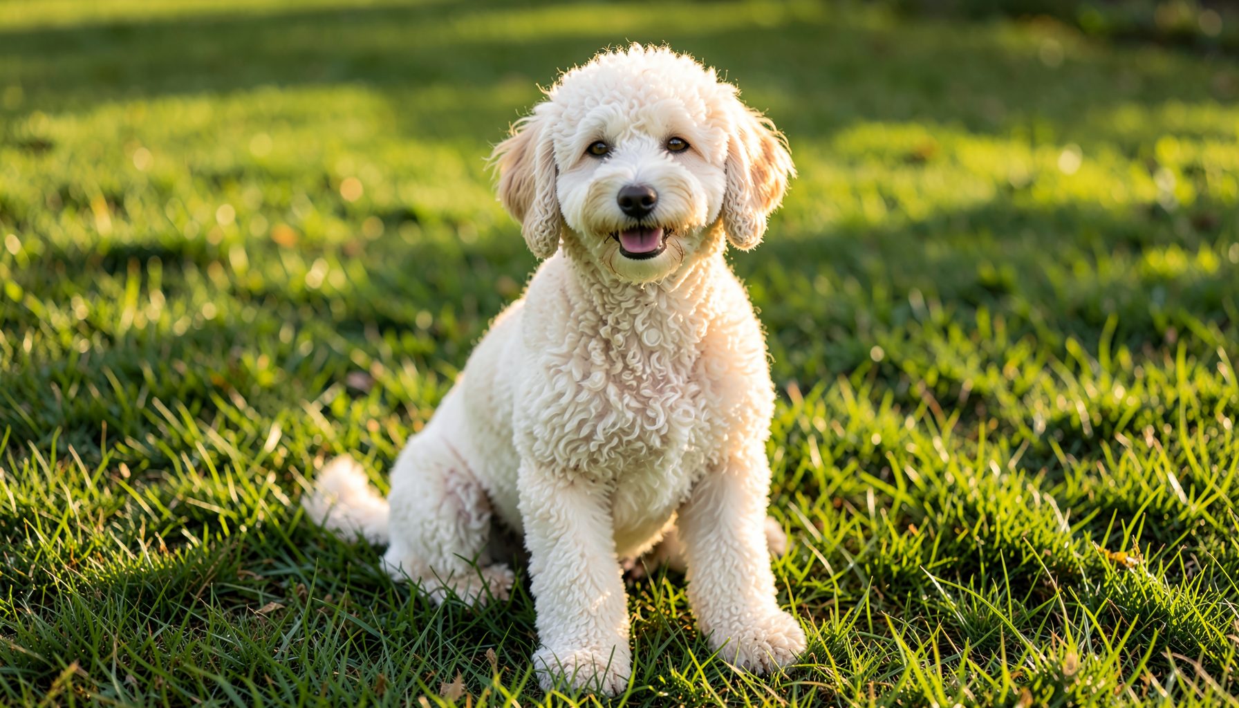 A curly-coated cream-colored Doodle dog sitting on green grass in soft afternoon sunlight, warm and friendly mood
