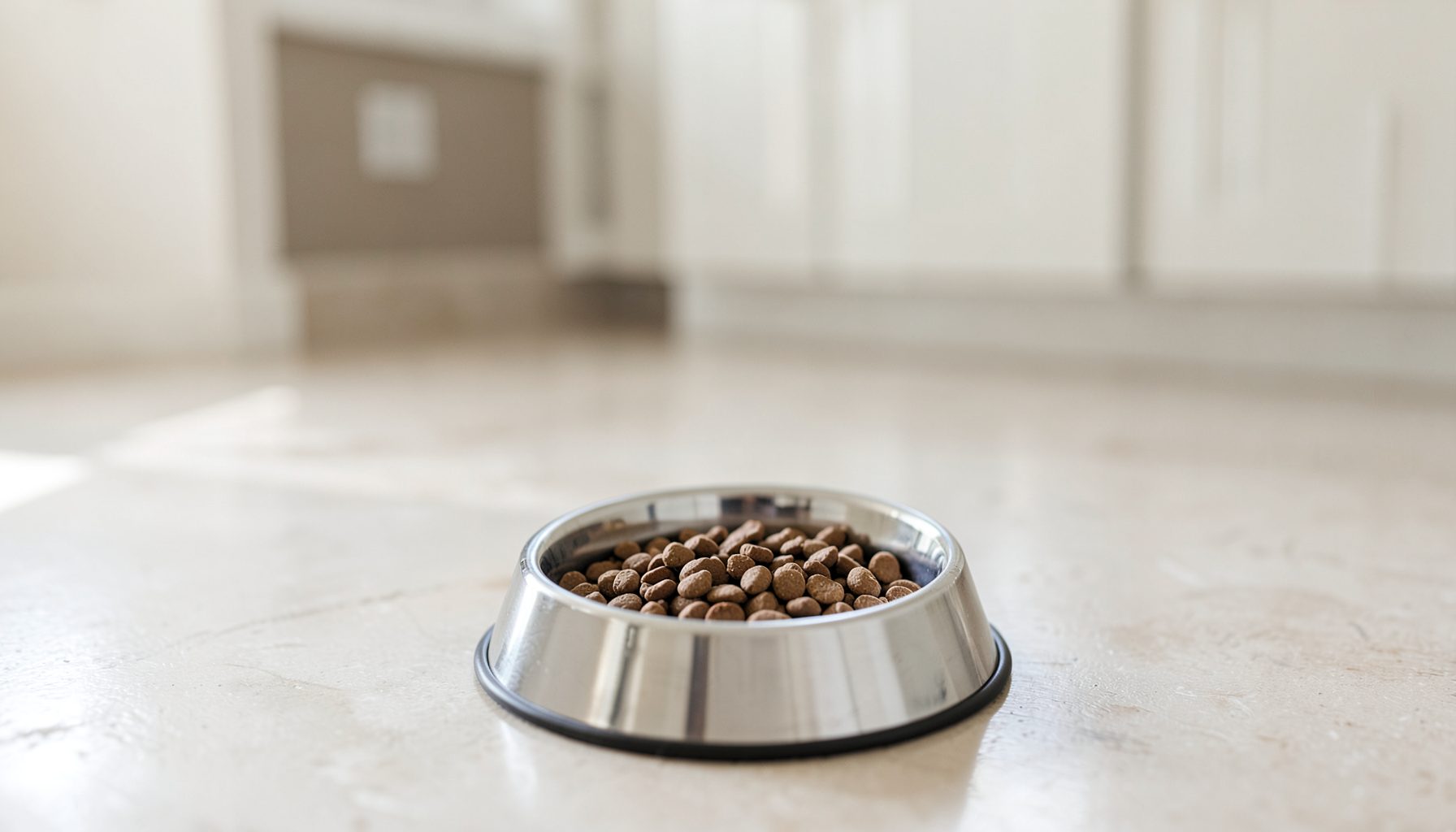 A dog bowl with kibble on a kitchen floor, soft natural light, neutral beige and white tones