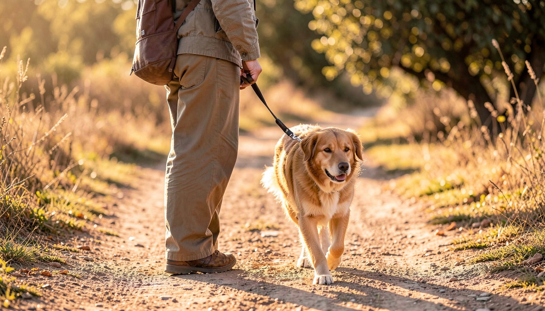 A dog walking calmly on a leash beside its owner on a sunlit path, warm earthy tones