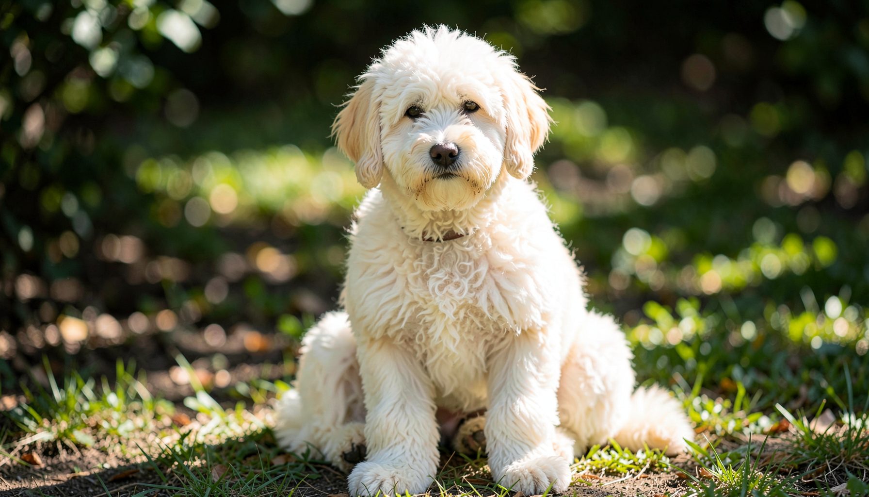 A fluffy cream and apricot Doodle dog with a soft wavy coat sitting outdoors in dappled sunlight