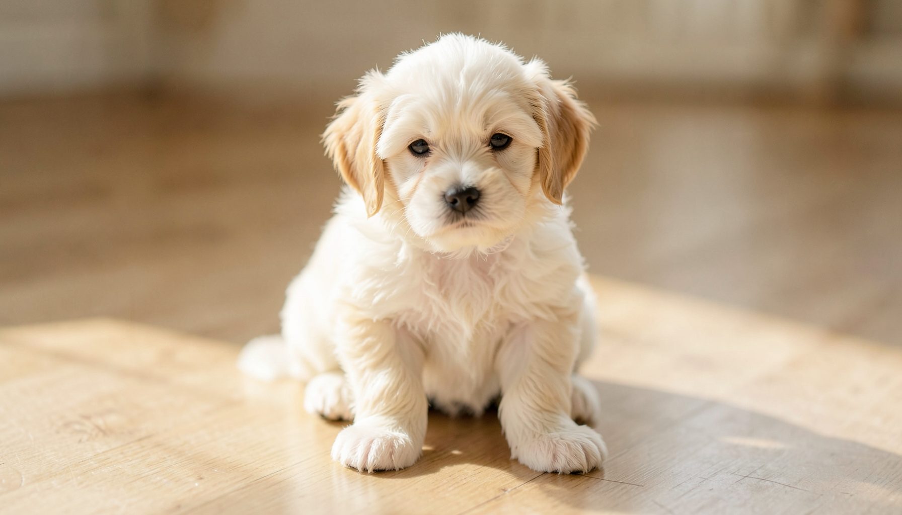 A fluffy young puppy with soft wavy cream-colored fur sitting on a light wooden floor, warm natural light