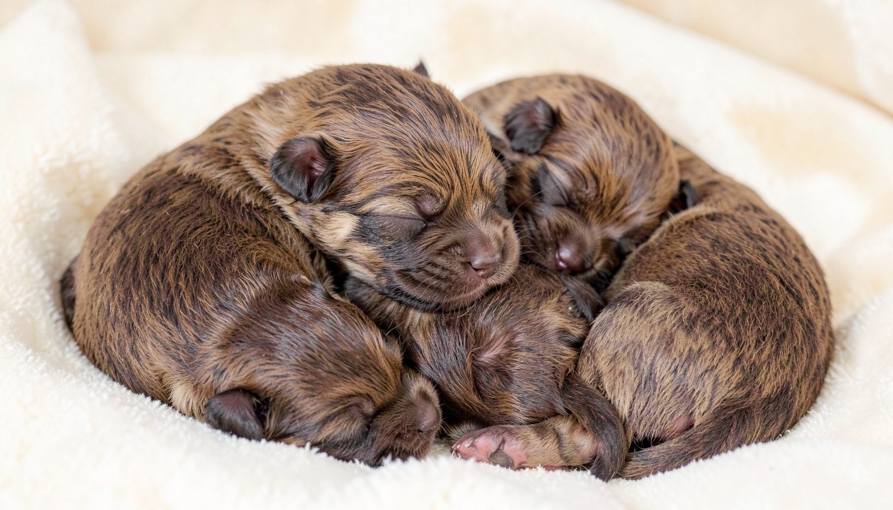 A newborn litter of puppies with short, fine fur nestled together on a soft cream blanket