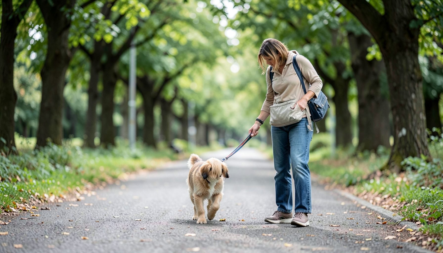 A person gently guiding a puppy on a leash along a quiet tree-lined path