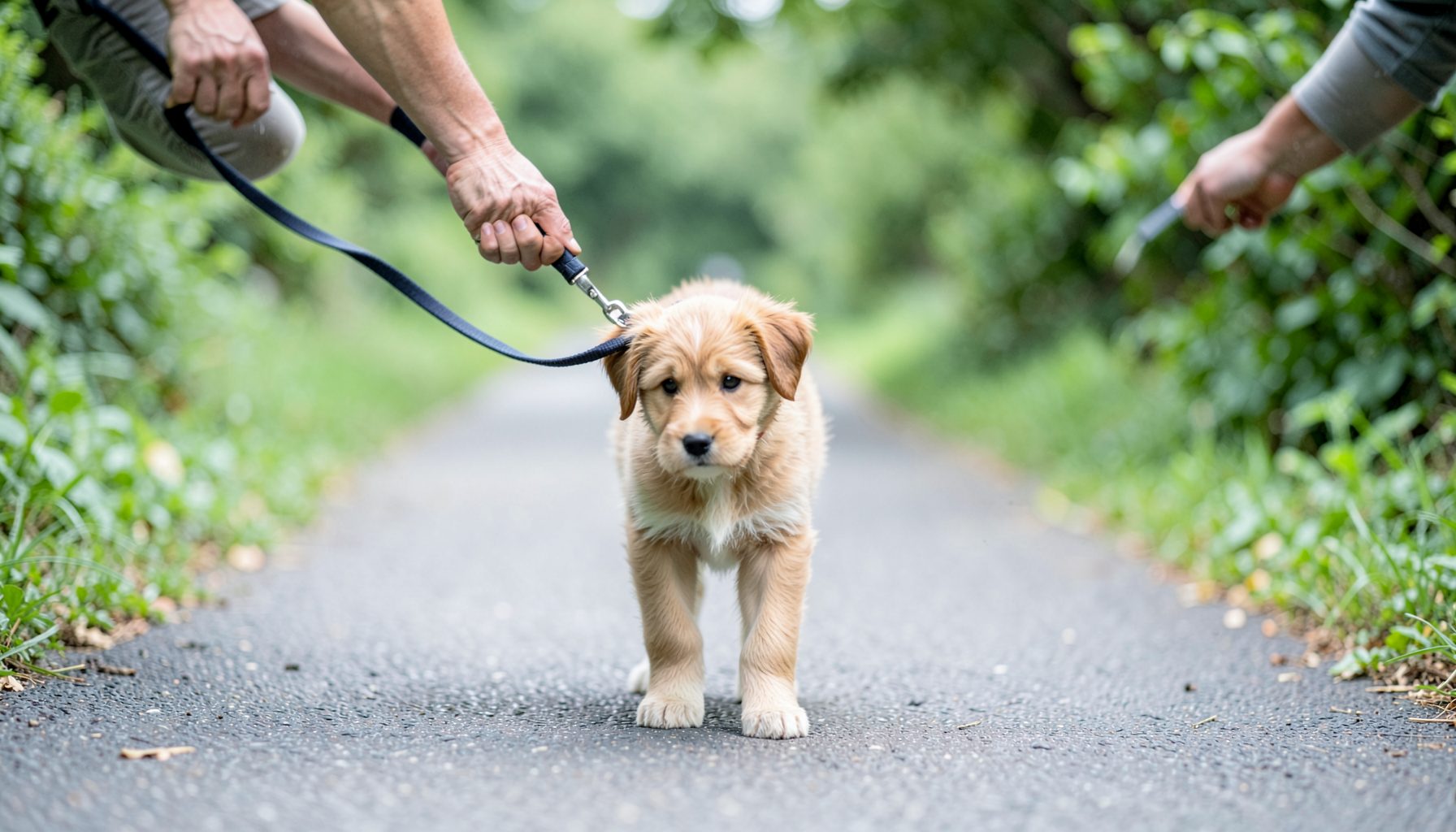 A person's hand gently guiding a puppy on a leash along a quiet paved path, surrounded by soft green foliage