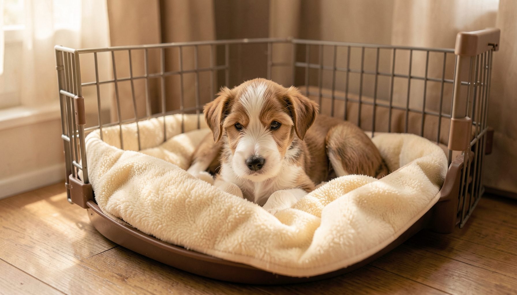 A puppy crate with a soft blanket inside, warm indoor lighting, gentle cream and brown tones