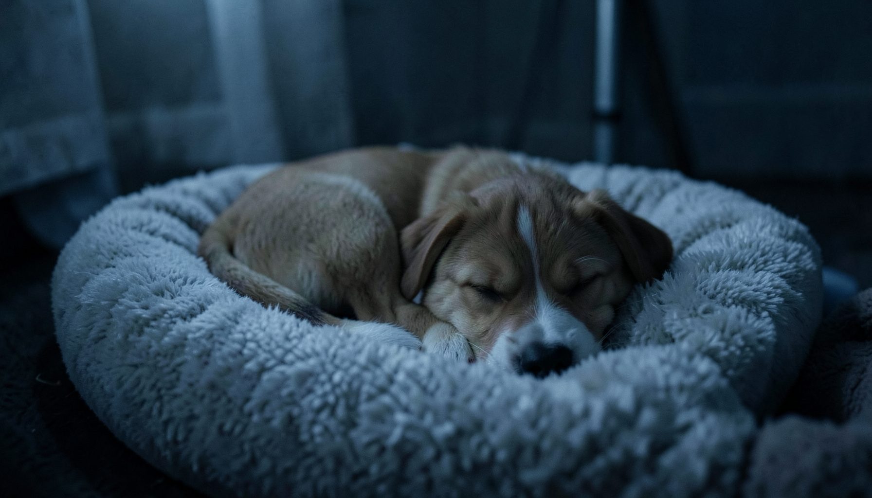 A puppy sleeping peacefully on a cozy dog bed in a dimly lit room, calm blue-grey tones
