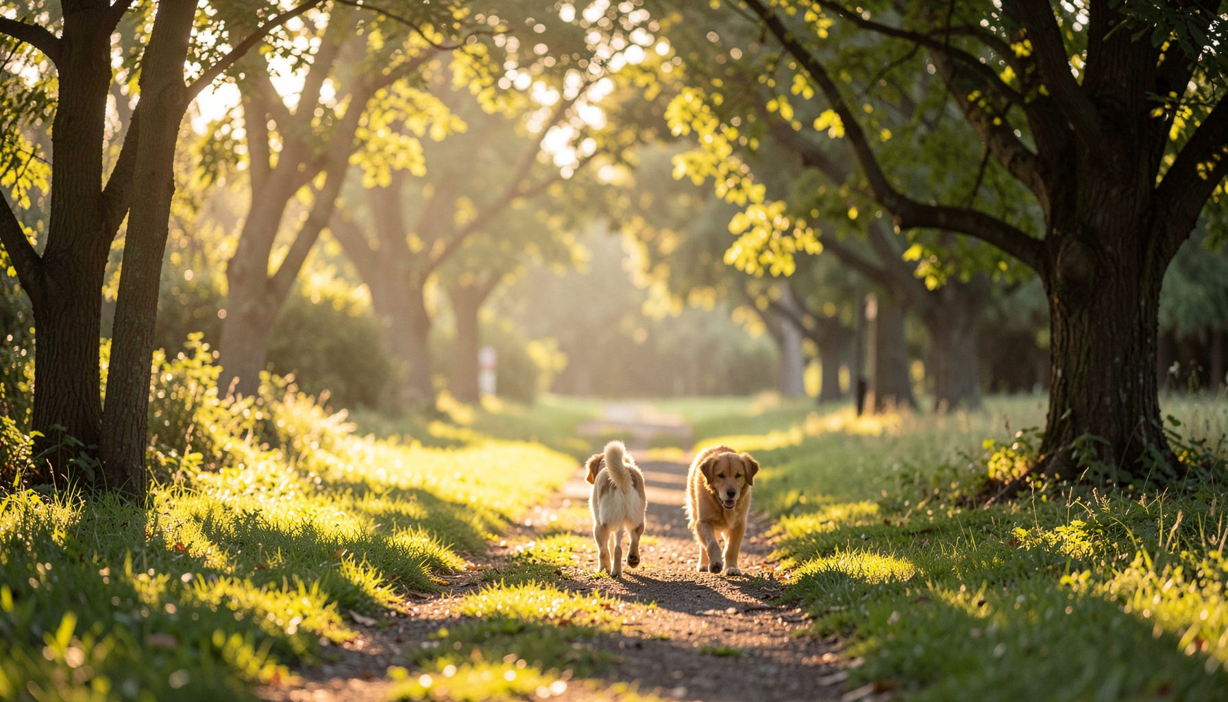 A serene outdoor scene with soft golden-hour light filtering through trees onto a grassy path, evoking a peaceful walk with a dog