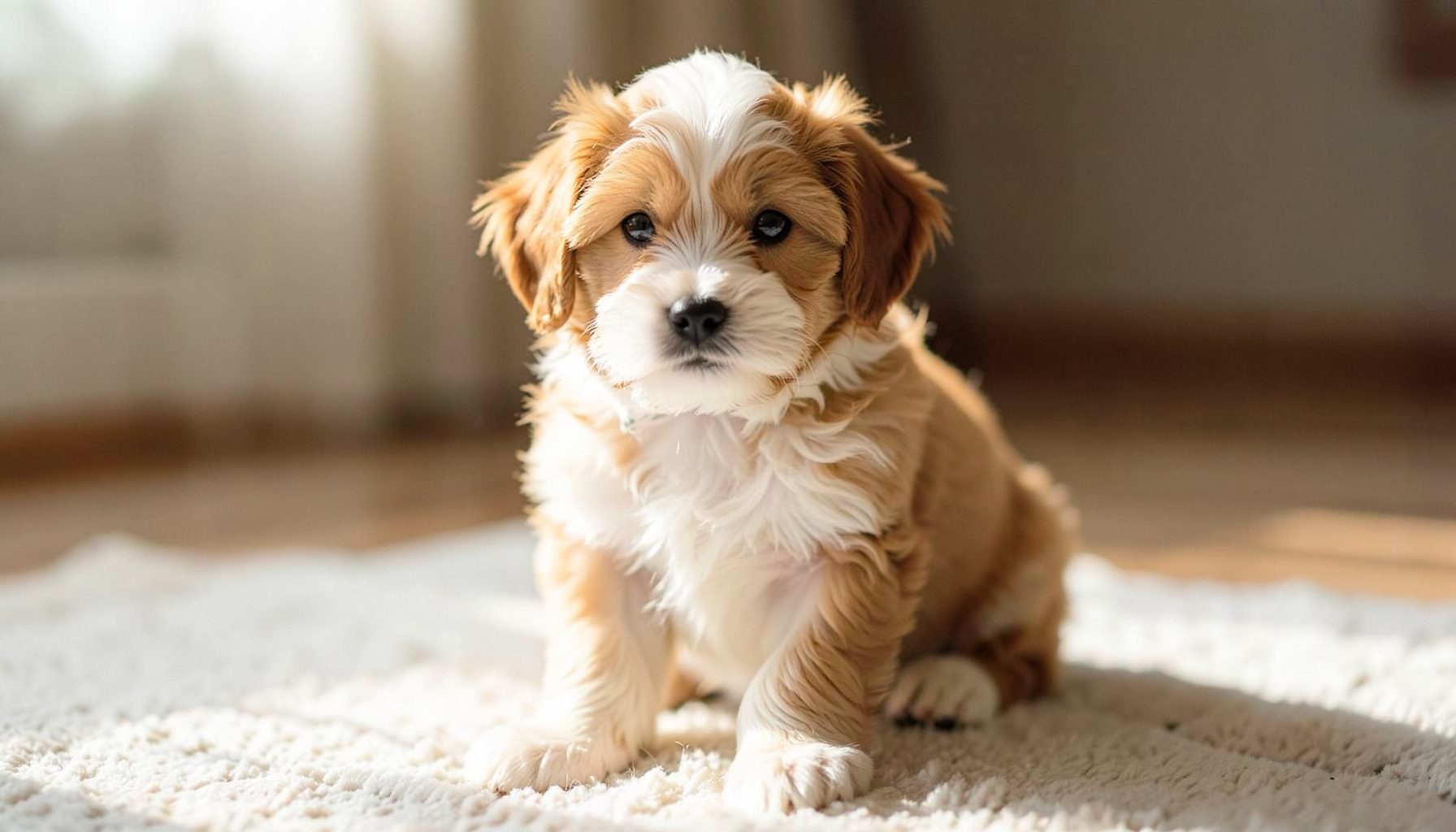 A small fluffy puppy with a soft wavy coat sitting on a light rug, looking curious, in gentle morning light