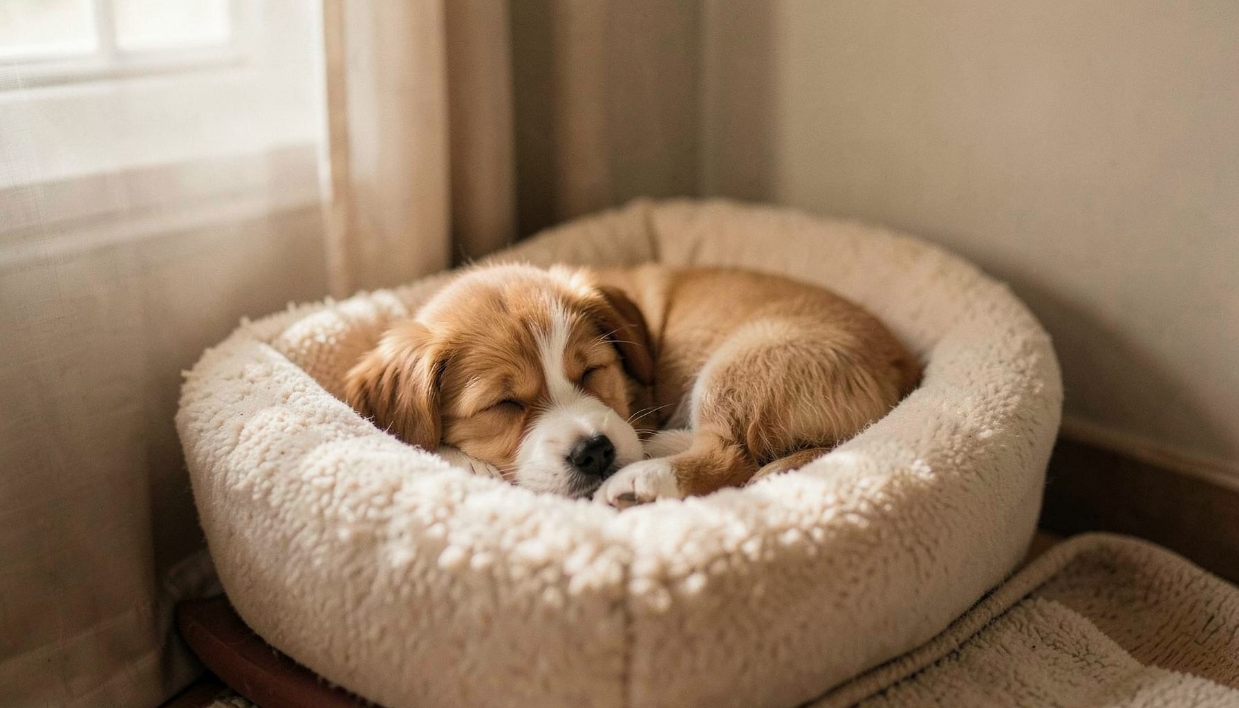A small puppy curled up on a cozy dog bed in a softly lit bedroom corner, calm and restful atmosphere