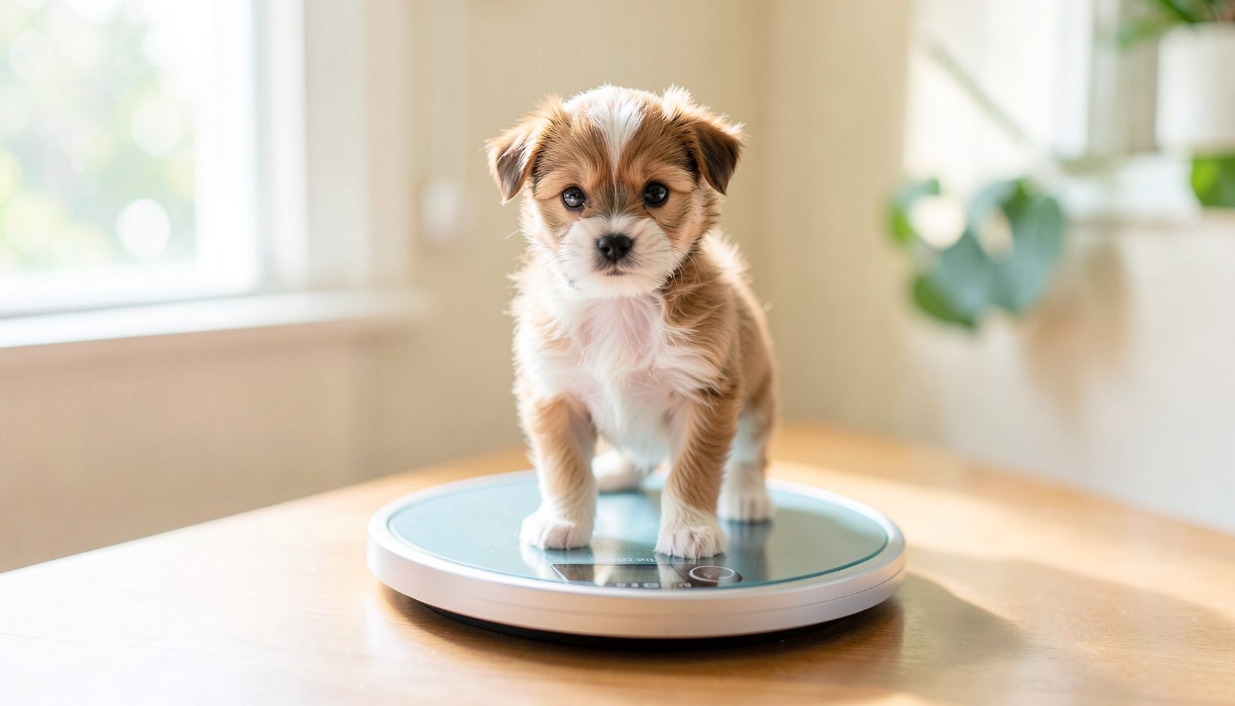 A small puppy standing on a digital scale in a bright room with natural light