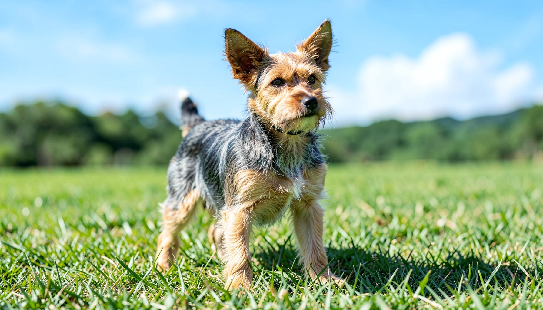 A small wiry-coated Terrier with alert ears standing on green grass under a bright sky