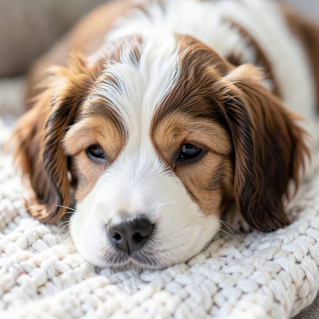 A soft-focus close-up of a wavy-coated puppy with warm brown and cream tones, resting its head on a textured blanket in natural daylight