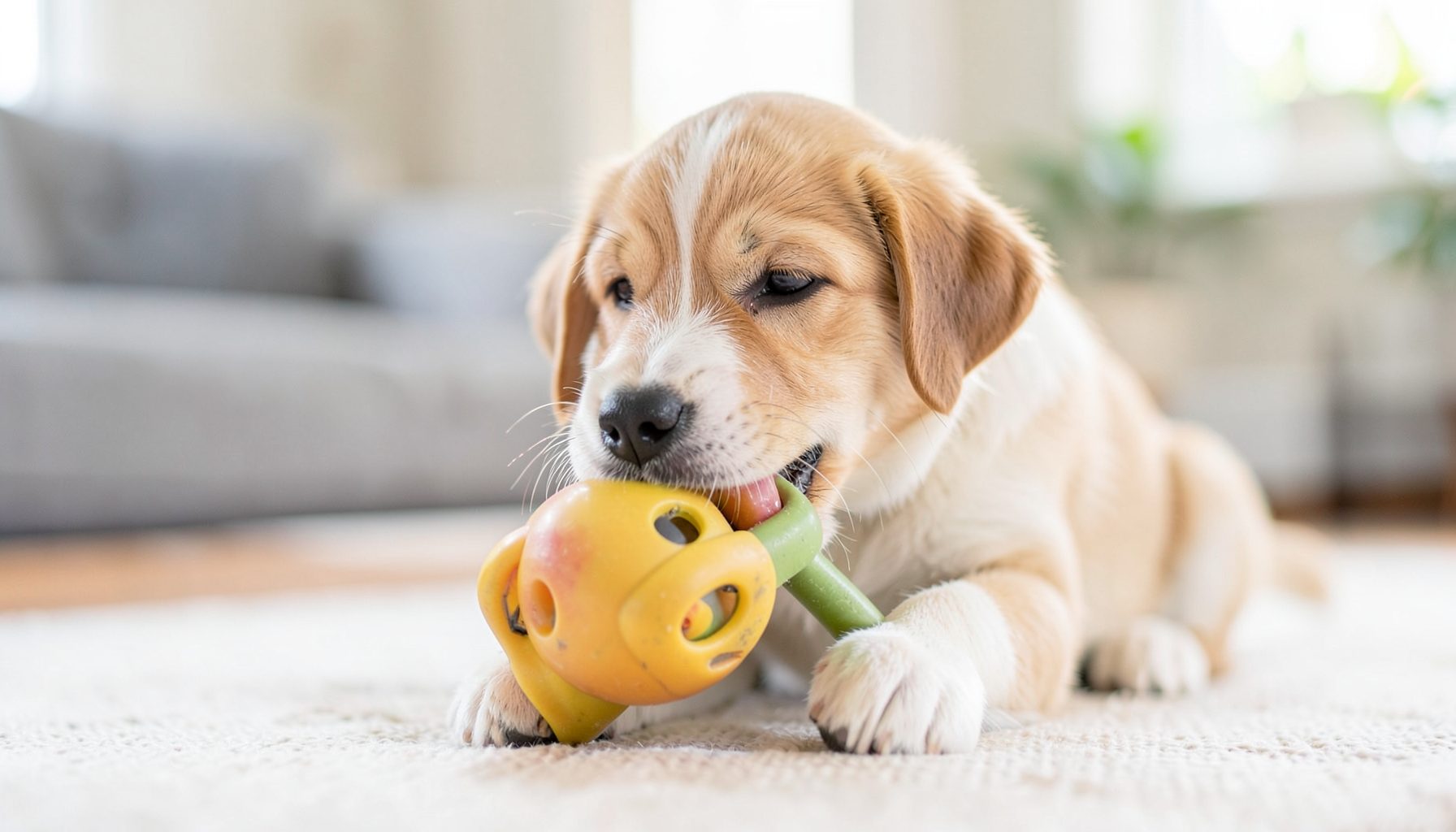 A teething puppy gently chewing on a natural rubber toy, soft focus background in a bright living room
