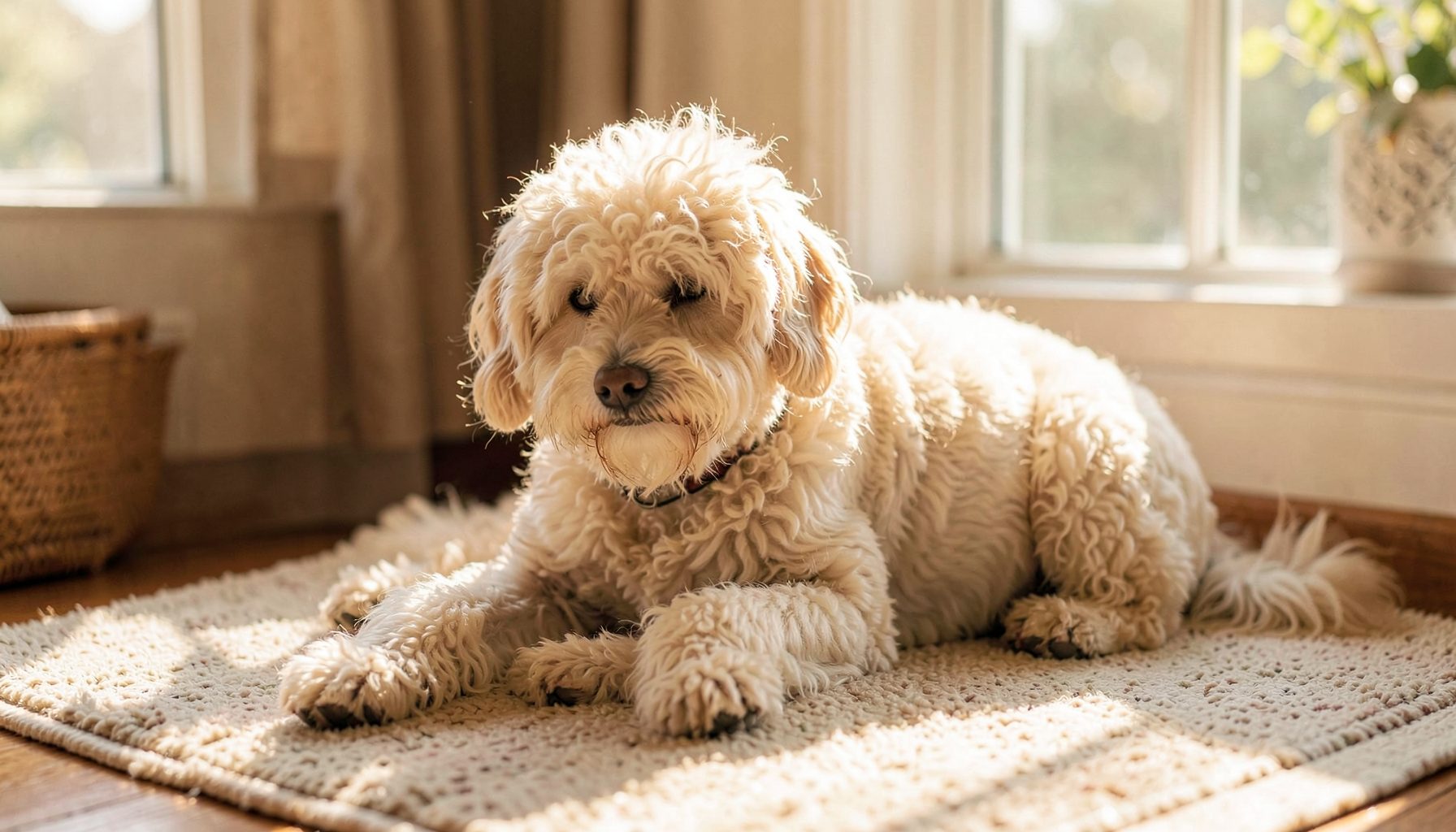 A warm, softly lit scene of a curly-coated cream-colored dog resting on a cozy rug near a sunlit window, calm and inviting atmosphere