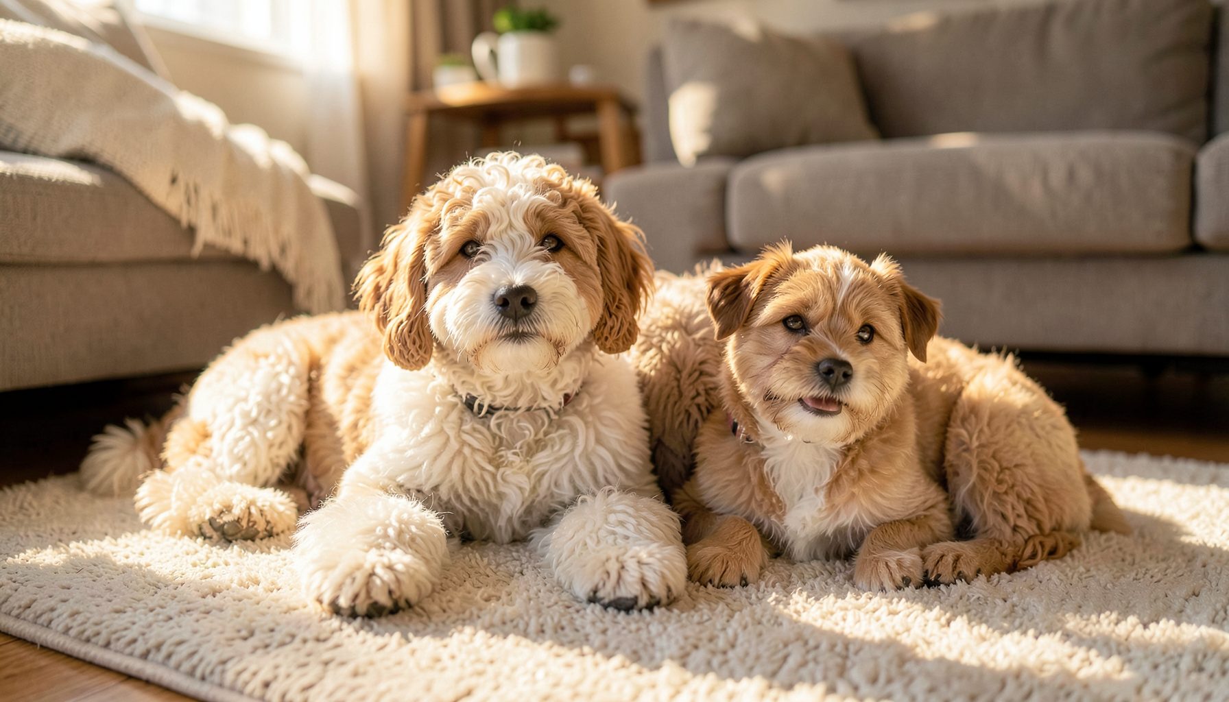 A warm, sunlit scene of two dogs resting together on a soft rug in a cozy living room — one a curly-coated Aussiedoodle with a cream-and-tan coat, the other a smaller companion dog, both looking relaxed and content